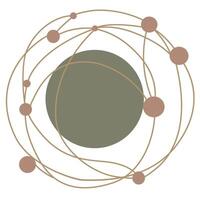 abstract celestial featuring a central planet surrounded by smaller planets and abstract orbits, in dark olive, light golden brown, and pinkish soft brown, ideal for cosmic and modern designs vector