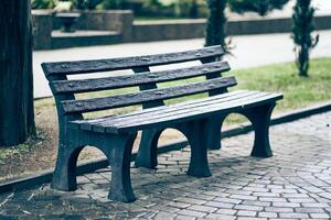 An empty dark wooden bench without people in a public park, with trees and a sidewalk in the background. With space to copy photo