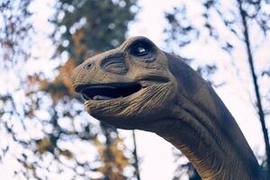 Against the background of trees is the head of a brachiosaurus, one of the largest and most popular. He lived at the end of the Jurassic period. There is a place to copy. photo