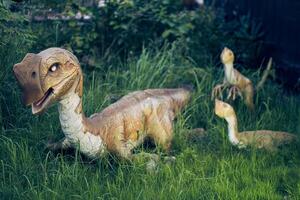 The oviraptor chick blinks its eyes against the background of grass. The effect of eye movement. A dinosaur is a small bird with a beak photo
