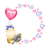 watercolor composition with golden bird cage, cute bird, a ribbon in the shape of a heart and pillows in the shape of a heart, hand drawn sketch for valentine's day, birthday and kid's party png