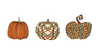 Three uniquely patterned pumpkins with stripes, spots, checkered pattern, and waves, for fall themed stickers, seasonal invites, or designs. vector