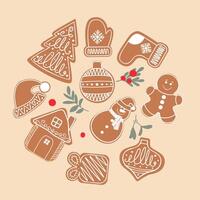 different Christmas gingerbread cookies in circle shape. Tree, decoration, mitten, santas hat. Merry Christmas, New Year concept. For menu design, card decoration. vector