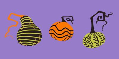 decorative pumpkins with abstract patterns in black, orange, and green on a purple background. The twisted stems add a whimsical, modern feel. Perfect for Halloween or autumn decor, party invitations vector
