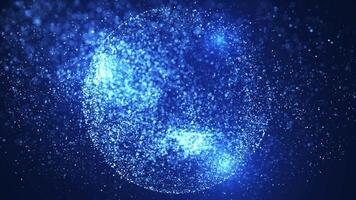 Abstract round sphere made of shiny blue magic glow particles on a dark background, energy ball made of bright dots, spherical ball movement. video