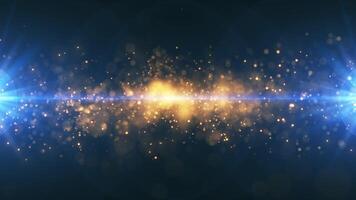 Abstract animation concept of golden particles for celebrating birthdays and holidays. 4k loop bokeh background with light particles on blue background. Animation footage with light leakage effect. video