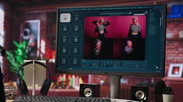 Generative artificial intelligence GPT on PC monitor with image understanding capabilities generating photos. AI virtual assistant on computer screen outputting high resolution lifelike visuals video