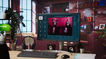 Computer in home office showing program converting text prompts into photo output. Text to image generative models AI tech software on computer display in cozy bright apartment video