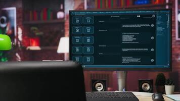 Computer setup in bright apartment showing large language model program. PC monitor in cozy home office with AI LLM chatbot answering user prompts using neural network tech video