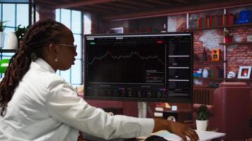 Day trader reacting with frustration after losing money in cryptocurrency investment due to rug pull. Woman suffering emotional toll of financial loss after trading plummeting crypto coin, camera A video