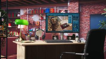 Architectural design 3D modeling program on PC screen showing rendered apartment interior design project. CAD software used for making home floor plans and virtual furniture, handheld camera shot video