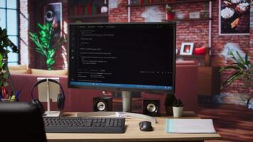 Programming language code editor software displayed on PC screen in home workspace, illustrating technology driven collaboration and highlighting lines of code powering diverse digital solutions video