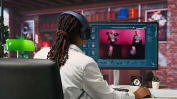 Woman in home office using AI software turning text prompt into photos. Person in apartment using text to image artificial intelligence generator transforming words into pictures, camera B video