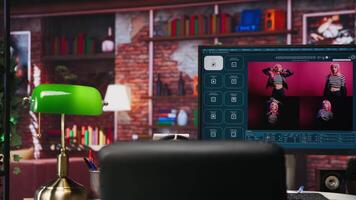 Computer in home office showing program converting text prompts into photo output. Text to image generative models AI tech software on computer display in cozy bright apartment video