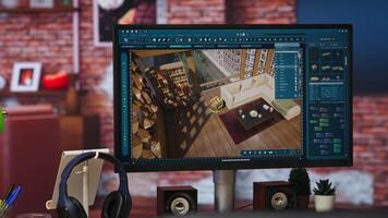 Assets being moved in 3D modeling program in rendered apartment for interior design project, jib down shot. Focus on CAD program used for modelling room virtual furniture video