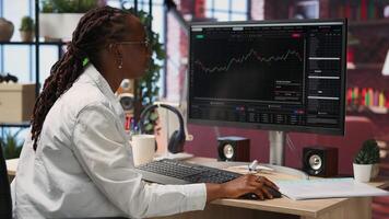 Day trader reacting with frustration after losing money in cryptocurrency investment due to rug pull. Woman suffering emotional toll of financial loss after trading plummeting crypto coin, camera B video
