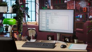 Lines of code written on PC workstation screen on development tool application. Debugging software programming language displayed on computer monitor in living room office video