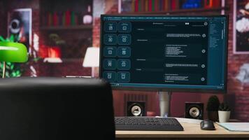 AI LLM chatbot answering user prompts using predictive technology in home office. Computer setup in apartment workspace using large language model program with artificial intelligence, panning shot video