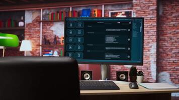 AI LLM chatbot on computer screen in home office designed to understand human language. Artificial intelligence chatbot on monitor trained on data enabling it to perform complex tasks, panning shot video