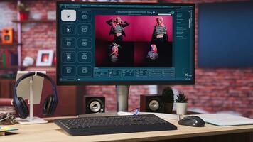 Computer monitor in apartment showing artificial intelligence generating images from basic text prompts. PC display with AI GPT generating photographs using natural language processing video