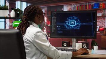Programmer using computer at home for artificial intelligence computing simulating human brain through self learning algorithms. Employee working with AI deep neural networks on desktop PC, camera A video