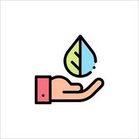 A hand holding a leaf icon with a drop of water vector