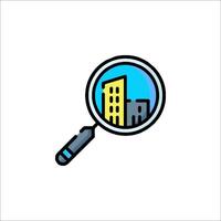 Magnifying glass icon with buildings and a magnifying glass vector