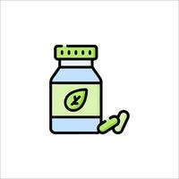 A bottle of vitamins and pills with a green leaf vector