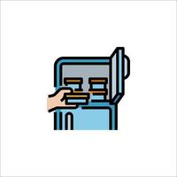 A hand is holding a credit card in front of a refrigerator vector