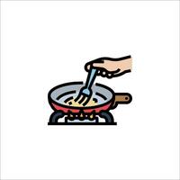 A hand holding a frying pan with a fork vector