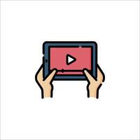 Hands holding a tablet with a player icon vector
