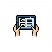 Hands holding a tablet with a picture on it vector