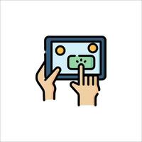 A hand holding a tablet with a screen on it vector