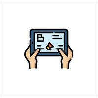 Hands holding tablet with a paper clip icon vector