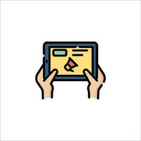 Hands holding tablet with a red button on it vector