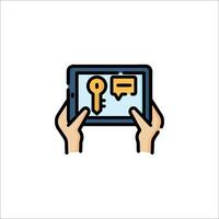 Hands holding tablet with key icon vector