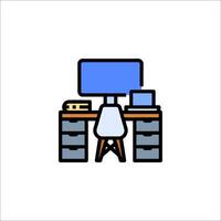 A computer desk with a monitor and a chair vector