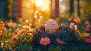 An easter egg is sitting in a nest in the grass video