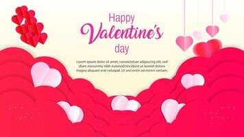 Happy Valentines Day rectangle social media post background design with pink red gradient heart shapes. vector