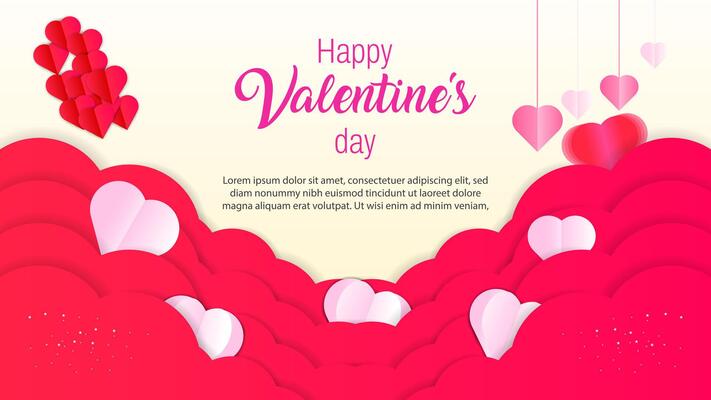 Happy Valentines Day rectangle social media post background design with pink red gradient heart shapes.