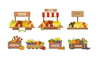 Market Stand with Fresh Organic Vegetables and Fruits in Crates Set Illustration vector