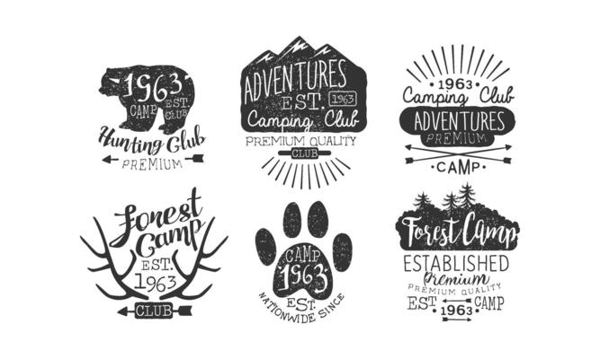Hunting Club, Adventures Premium Retro Labels Set, Forest Camp Emblems Illustration