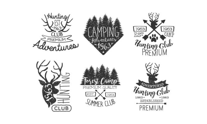 Hunting Club, Adventures Premium Retro Labels Set, Forest Camp, Summer Club Emblems Illustration