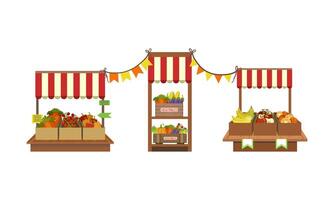 Market Stand with Fresh Farm Vegetables and Fruits in Crates Set Illustration vector
