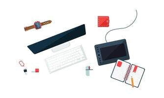 Office Worker Workplace, Freelancer, Businessman Desk, Computer, Wrist Watch, Notebook, Wallet, Keys Illustration vector