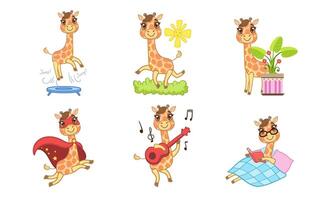 Cute Giraffe Cartoon Character Set, Adorable Cheerful Animal in Different Situations Illustration vector