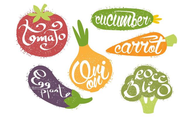 Fresh Vegetables Prints Set, Tomato, Cucumber, Carrot, Eggplant, Onion, Broccoli Grunge Style Illustration
