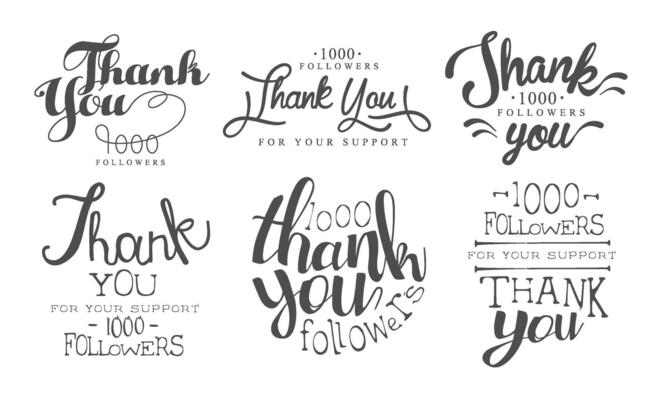Thank You for Your Support Retro Monochrome Labels Set, 1000 Followers Hand Drawn Badges Illustration
