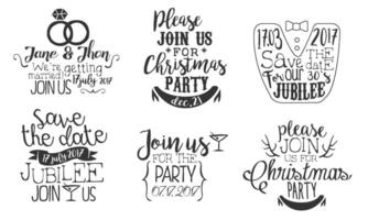 Invitation for the Event Monochrome Badges Set, Wedding, Save the Date, Christmas Party Design Element Hand Drawn Illustration vector