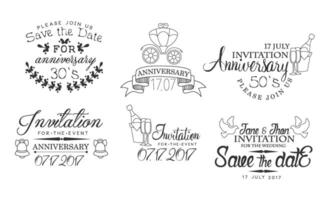 Invitation for the Event Monochrome Badges Set, Wedding, Save the Date, Anniversary Design Element Hand Drawn Illustration vector